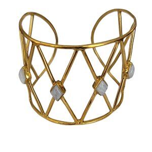 Gold Tone Designer Marked Open Lattice Style Bezel Set Stones Cuff Bracelet K327